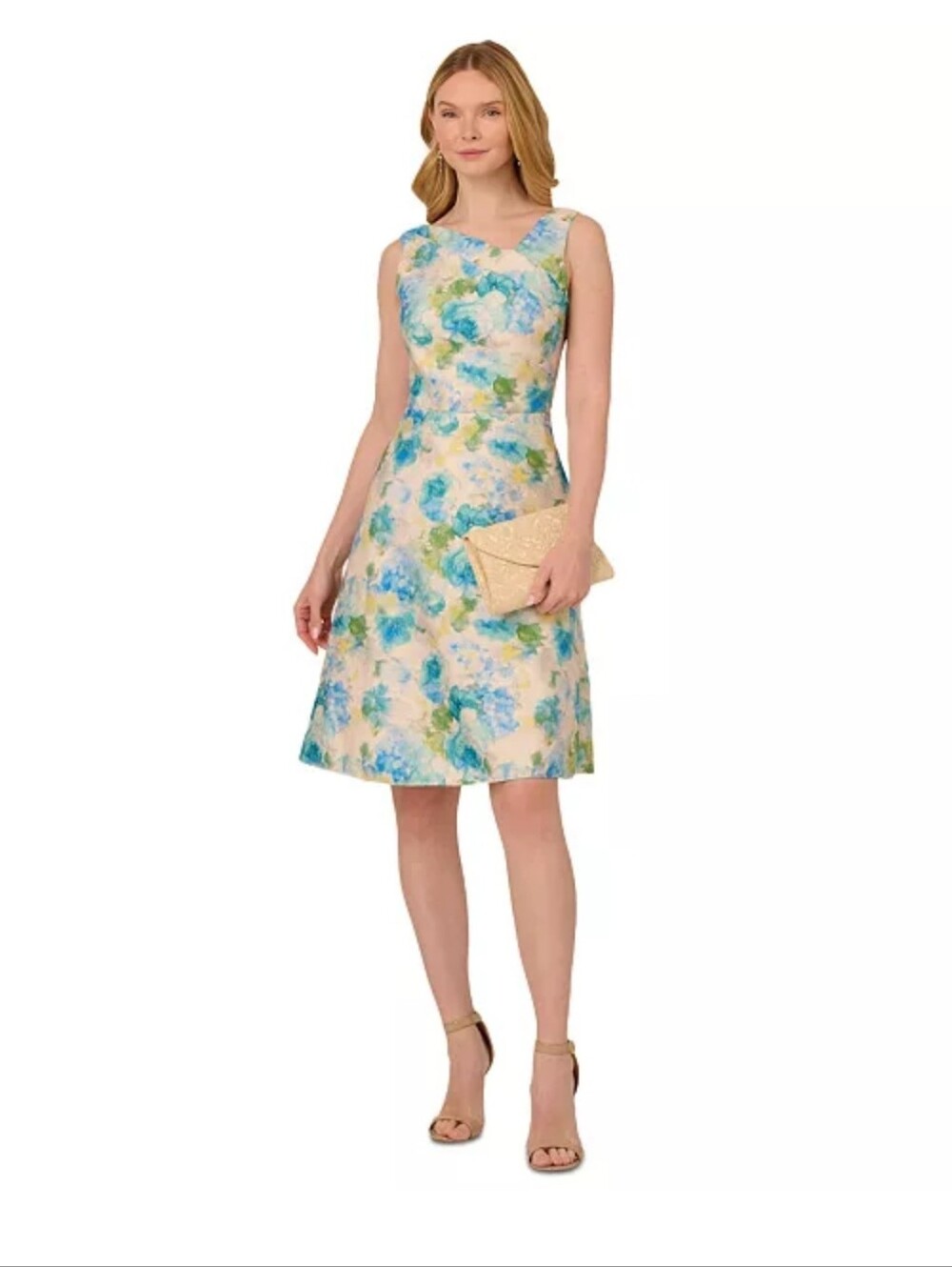 Adrianna Papell Blue Green Floral Fit-and-Flare Midi Dress